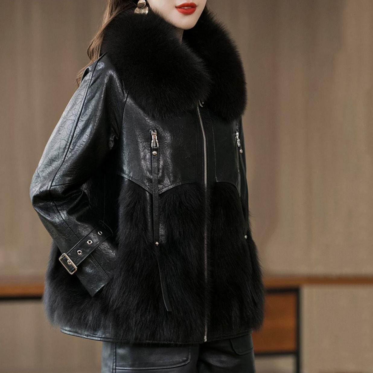 Women's Winter Large Size Fur Coat Female Solid Color Long Sleeve Fox Fur Leather Jackets