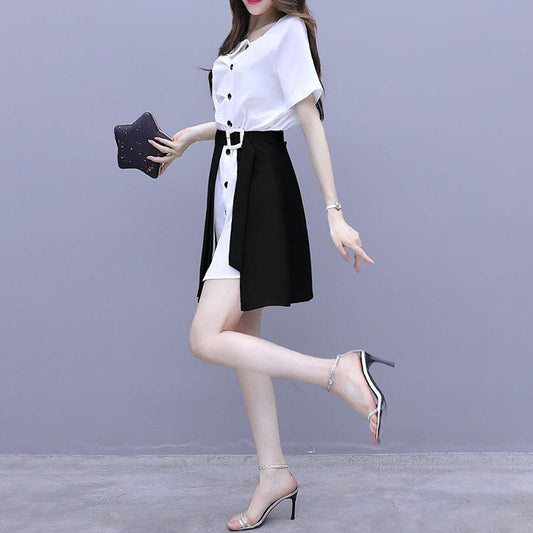 Summer Women's Suit Skirt Temperament Fairy Skirt Two-piece Dress Thin Shirt Skirt Black and White Dress Can Be Worn for Work