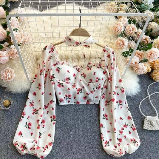 Kawaii Cute Top,Cottagecore Clothing,Harajuku Lolita Daisy Crop Top, Milkmaid Long Sleeve Blouse, Y2K Korean Fashion, Aesthetic Indie