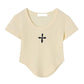 Waffle T-shirt Women's Short Sleeve Off Shoulder Top Irregular Curved Hem U Neck Retro Top
