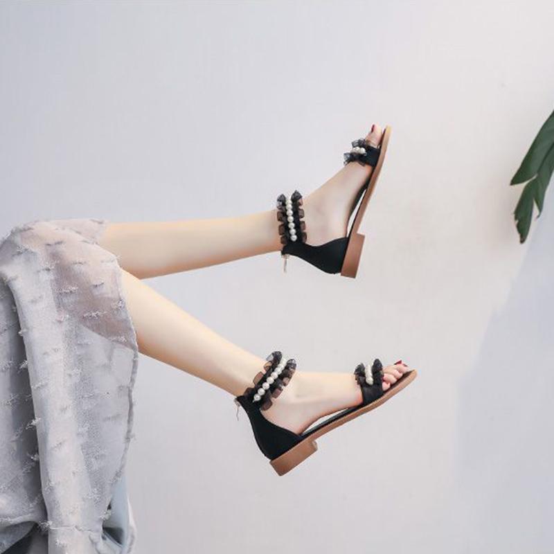 One Word Strap Sandals Women Low-heel Roman Back Zipper Flat Shoes Sweet Style Ladies Sandals Low-heel Sandals Sweet and Cute