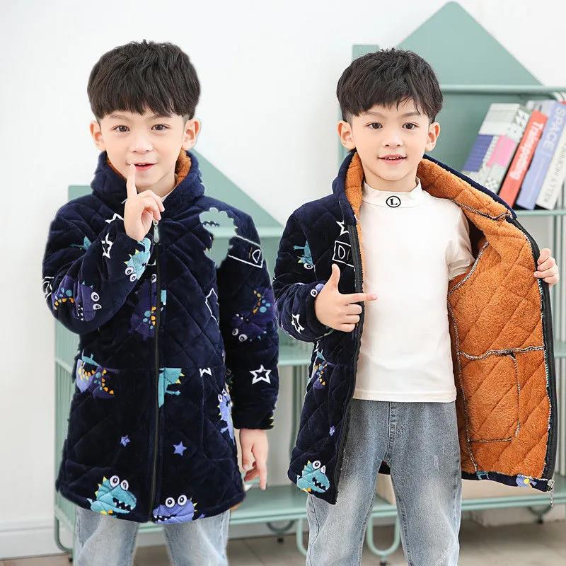 Boys Plus Velvet Padded Padded Jacket Children's Zipper Blouse Plus Cotton Blouse Crystal Velvet Baby Down Jacket Protective Clothing Winter