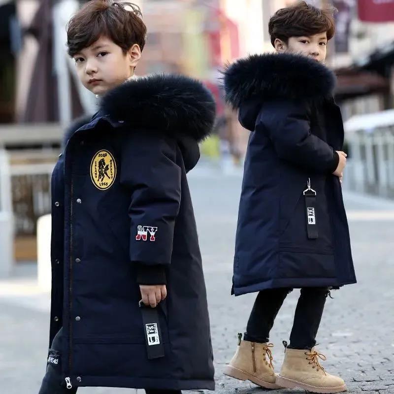 Boys Winter Coat Long Autumn and Winter Middle and Large Children's Down Coat Fashion Hooded Thick Solid Color Cotton Coat