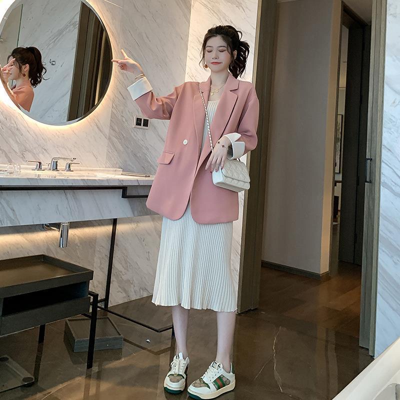 Korean Version   Pink Small Suit Jacket Women's Double-breasted Loose Casual Suit Spring  Autumn