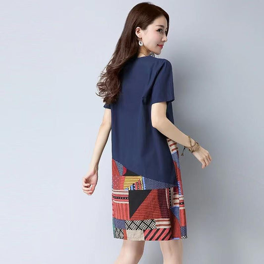 Summer Cotton Linen Plus Size Printed Dress Round Neck Loose Short Sleeve Dress Geometric Printing A-Line Midi Skirt Korea Style