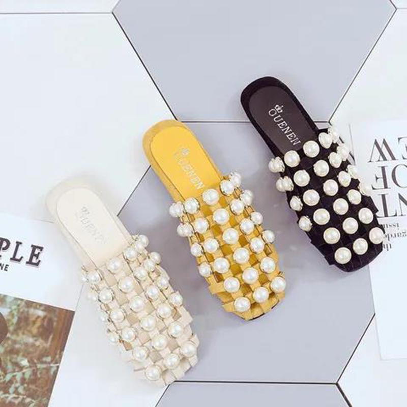 Women's Shoes Hollow Bright Beads All-match Casual Sandals with Low Heels Convenient and Not Hurting Feet Korean Pearls