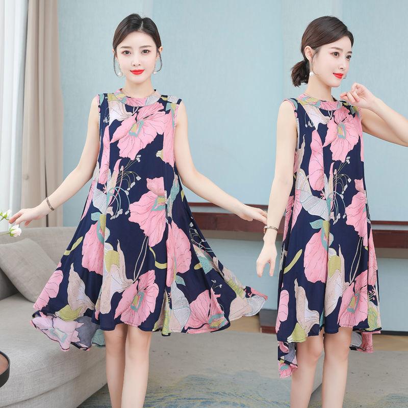 Women Cotton Silk Dress Summer Mother Sleeveless Mid-length Loose Large Home Night Skirt Beach Skirt