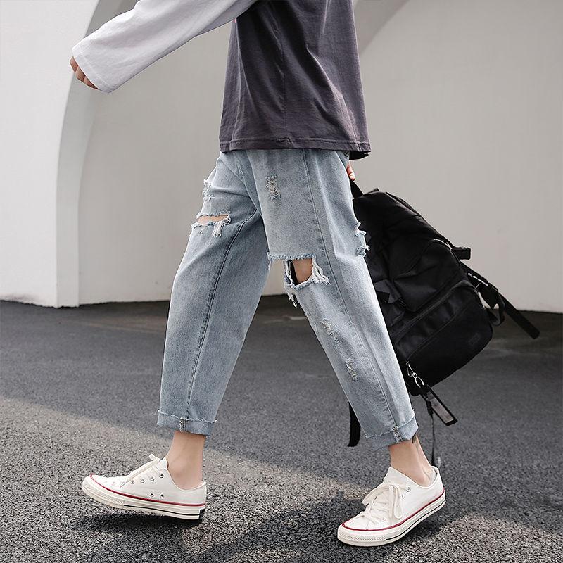 Summer Big Ripped Jeans Men's Loose Straight Leg Raw Edge Nine-point Pants Men's All-match Casual Pants