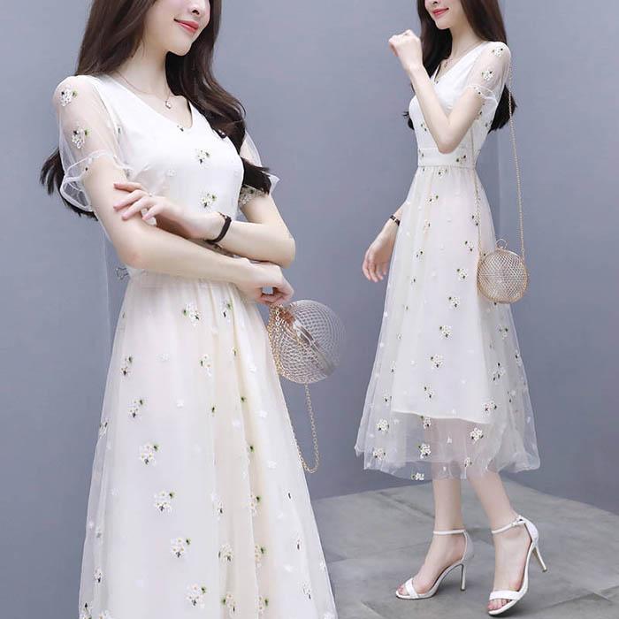 Pofulove S-3XL Women Summer V-neck Chiffon Mesh Dress Slim Sexy Short-sleeved Long A-line Dress