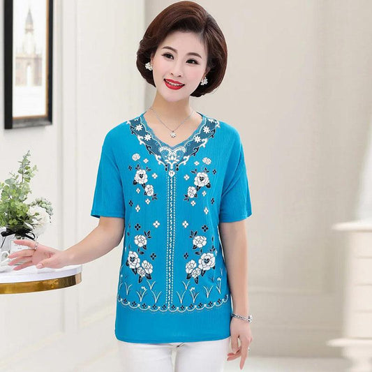 Women's Summer Plus Size Short Sleeve Top Printed Loose Versatile Round Neck T-Shirt Mommy Dress
