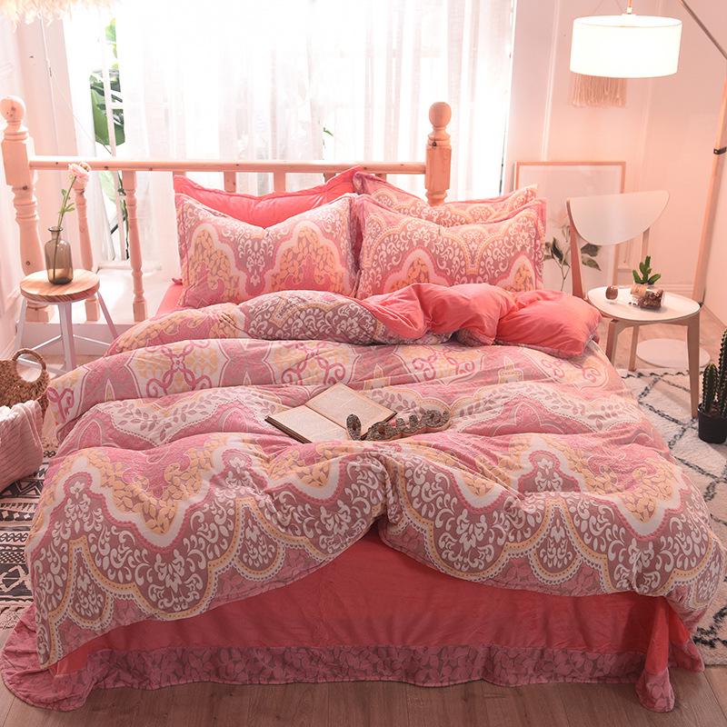5D Carved Velvet Four-piece Crystal Velvet Warm Quilt Cover Sheets Thick Warm Velvet 4Pcs Set