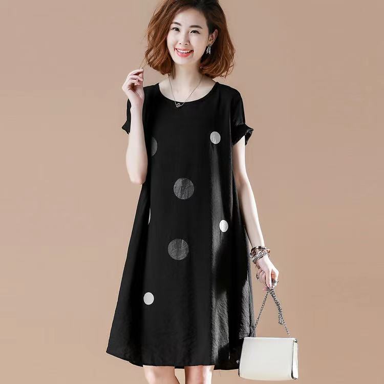 Dress Female Summer Leisure All-match Large Size Wave Dot Dress Black T-shirt Skirt Long Short Sleeve A-line Skirt