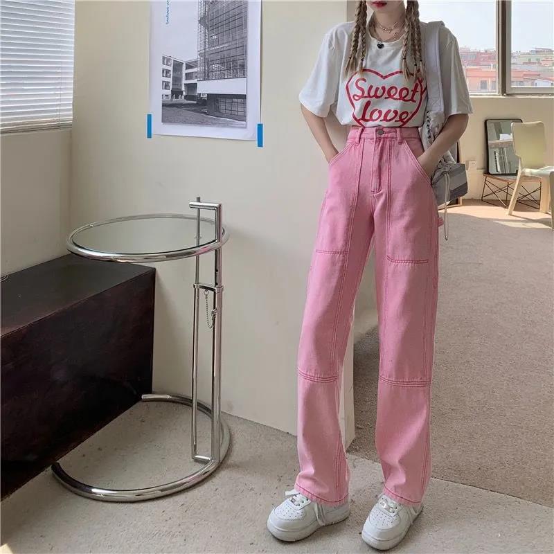 Pink Jeans Female Spring and Autumn High Waist Loose Thin Pink Wide-leg Pants Small Design Sensation Straight Trousers