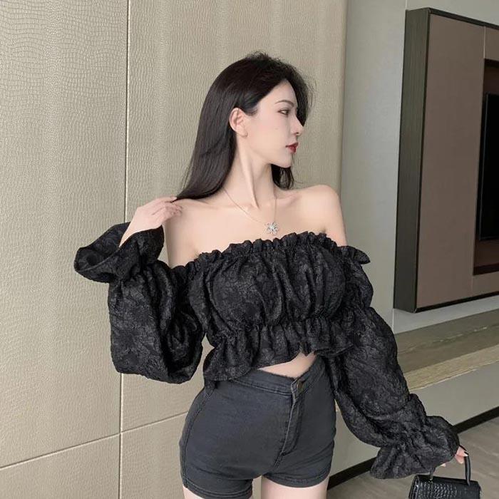 Lantern Sleeve Summer Shirt One-Shoulder Top Jacquard Slim Short Sexy T-Shirt Shirts