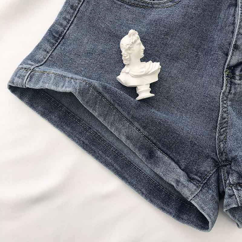 High Waist Denim Shorts Women's Retro Metal Chain Design A-line Wide Leg Pants