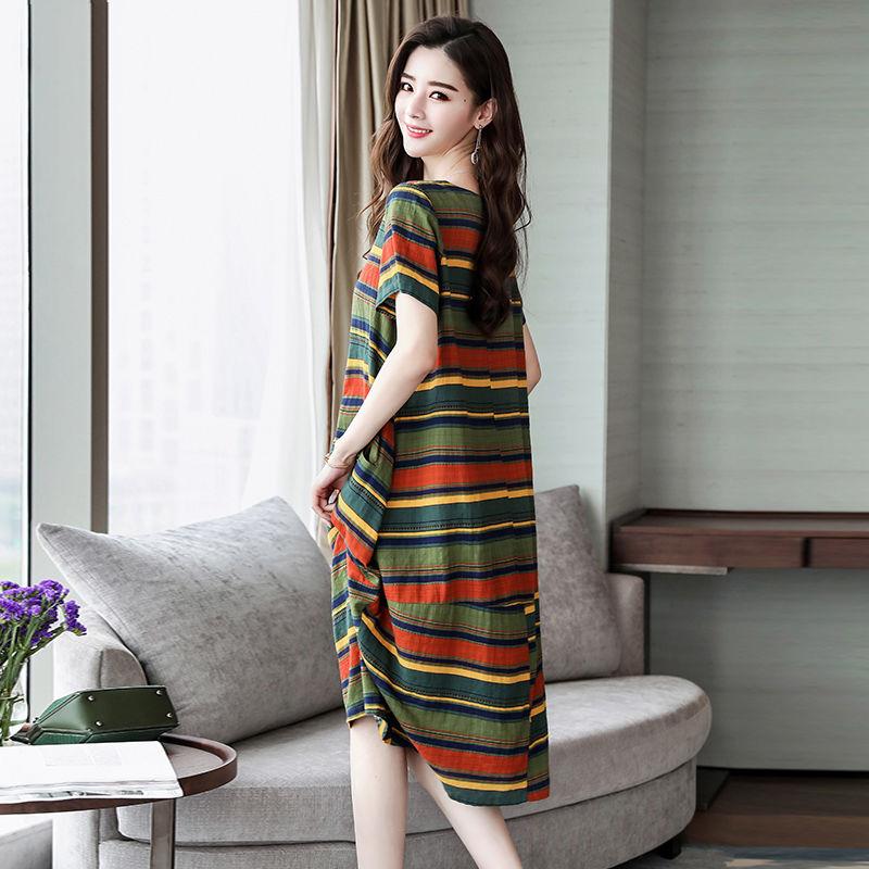M-XXL Cotton Short-sleeved Summer Mid-calf Pattern Striped Decoration Pockets Dress