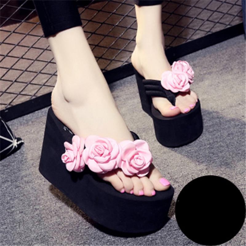 Women's Large Size High-heeled Word Drag Female Slip Fashion Beach Sandals Sandals and Slippers DIY Flowers Sandals Simple