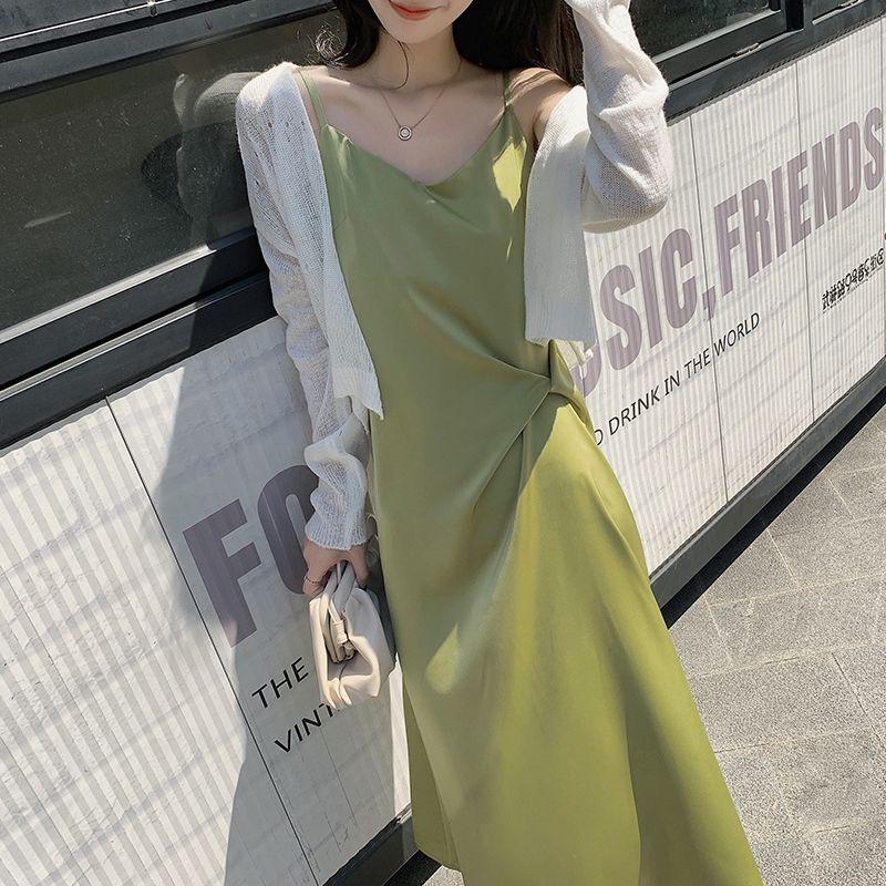 Female Summer V-neck Satin Medium Length Simple Casual Light Mature Style Korean Elegant One Piece Bottom Strap Dress