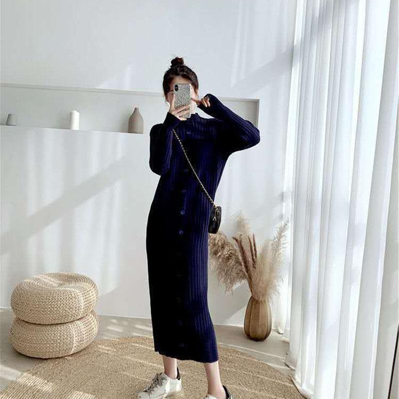 Long Sweater Over The Knee Retro Single-breasted Base Knitted Autumn and Winter Women's Dress