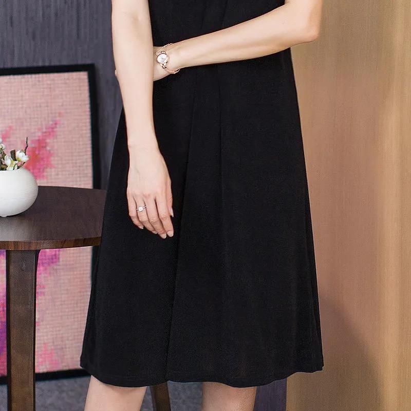 Summer Plus Size Black V-neck Dress Women's Loose and Slim A-line Skirt