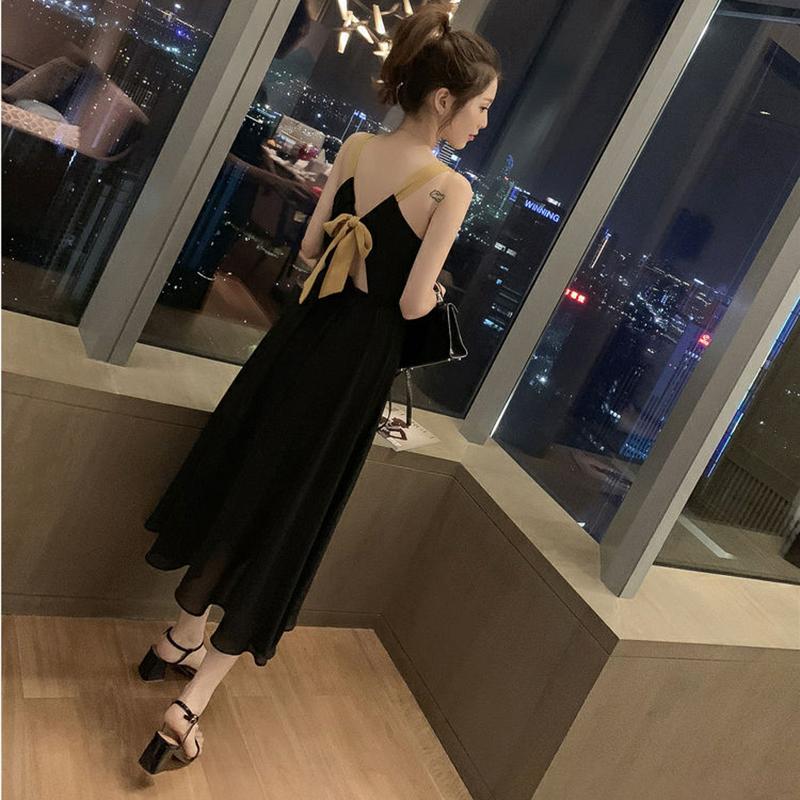 Black Sexy S-XL Women's Chiffon Dress Backless Bowknot Sleeveless Solid Color Elastic Waist Mid-calf Daily Wear Office Dating Party