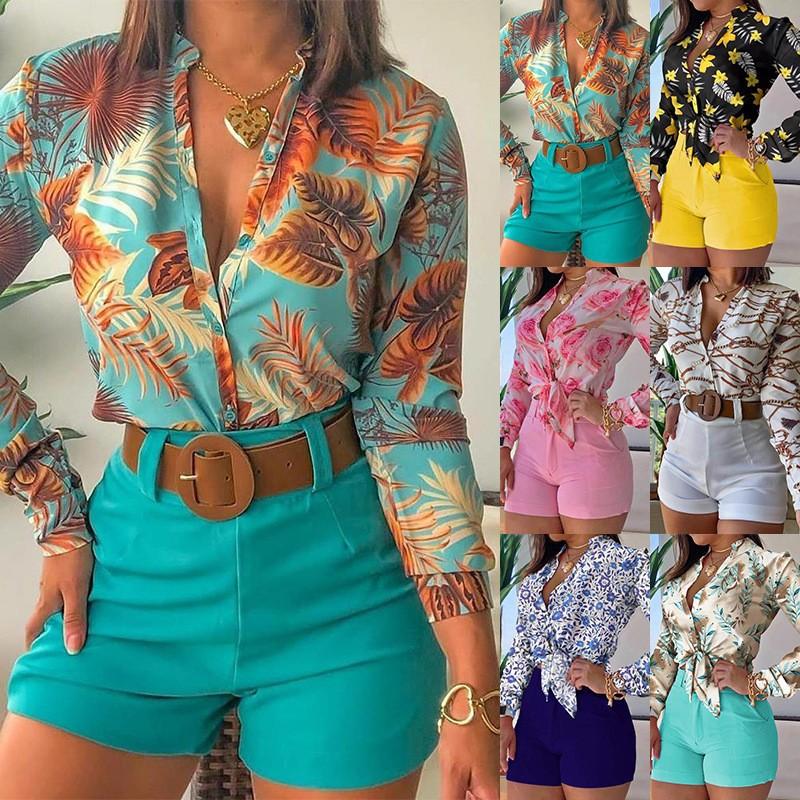 Women's Light Cooking Digital Printing Stand Collar Long Sleeve Shirt Ladies Shorts Set