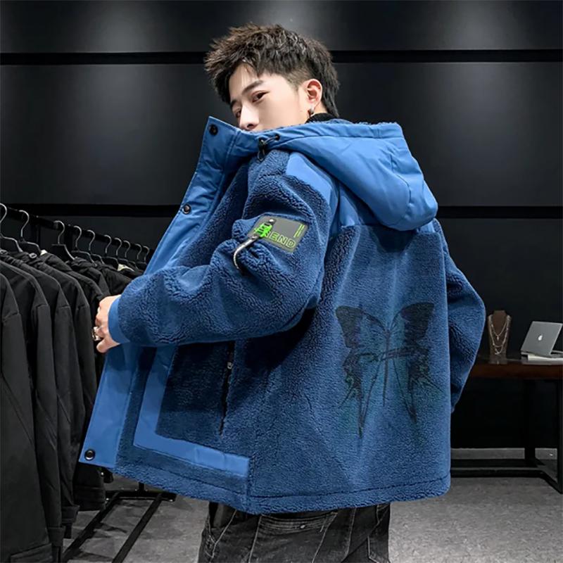 Mens Lamb Plush Jacket Winter Plus Size Padded Coat Youth Jackets Trend All-match Loose Jacket