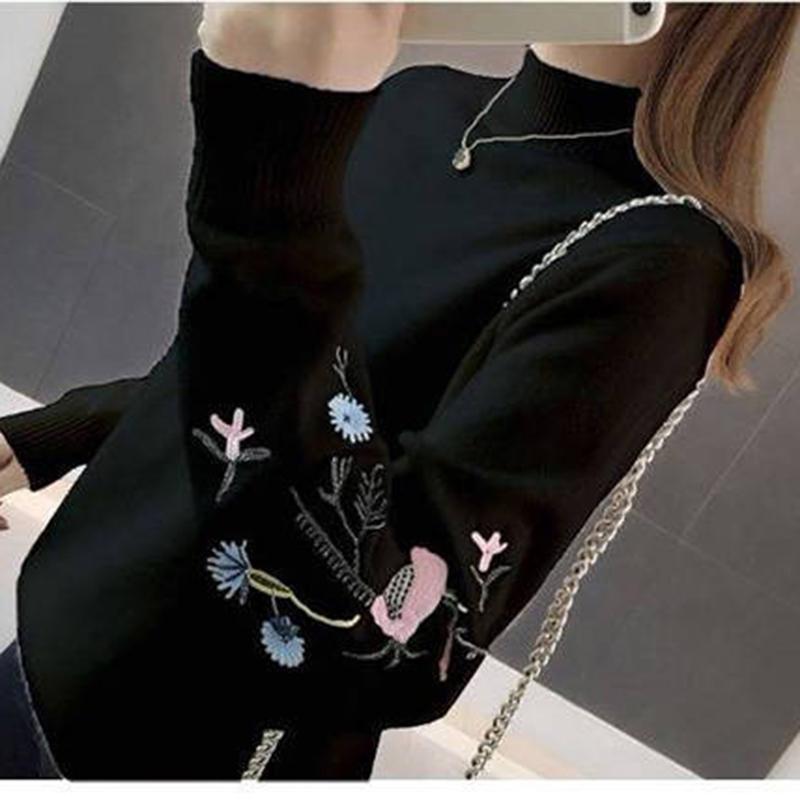 Women Embroidered Turtleneck Sweater  Loose Large Size Long Sleeve knit Sweater Pullover Top