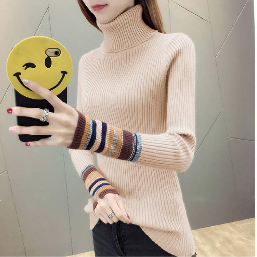 Pofulove turtleneck sweater women plus velvet thick autumn and winter new warm knitted base shirt long sleeve shirt
