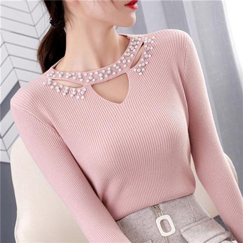 Pofulove Women hollow O-Neck Pearl Beaded Sweater Long Sleeve Knit Sweater Pullover thick Winter