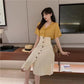 Summer Retro Goddess Skirt Two-piece Set V-neck Cotton Linen Short-sleeved Shirt High Waist Button Flower Edge A-line Skirt Suit