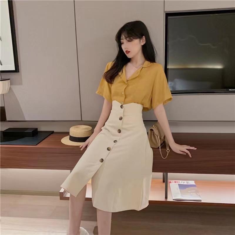 Summer Retro Goddess Skirt Two-piece Set V-neck Cotton Linen Short-sleeved Shirt High Waist Button Flower Edge A-line Skirt Suit