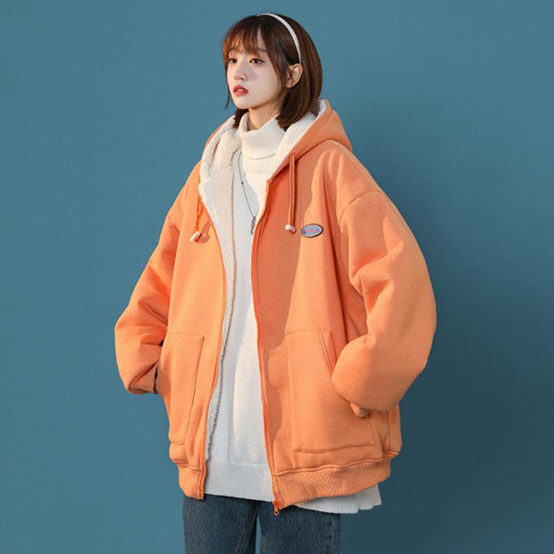 Zipper Cardigan Lamb Plush Hooded Sweater Plus Velvet Thick Winter Loose Jacket Casual Top Comfortable Sports Top Warm Cotton Clothes