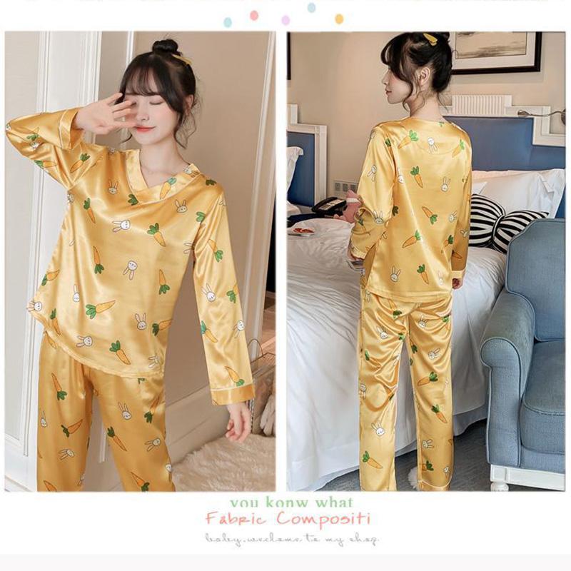 Ice Silk Pajamas Set V Neck  Long-sleeved Set for Womens Spring Autumn Thin Flower Cartoon Printed Outer Wear Home Clothes Two Pieces Set