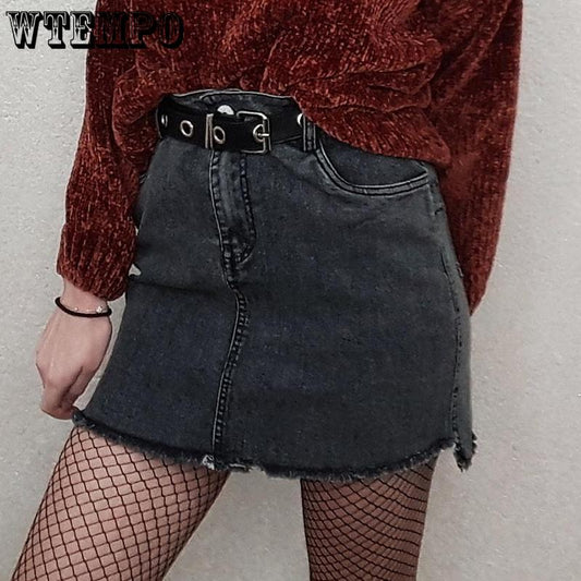 Denim Skirt Solid Color High Waist Pocket Student Short Cowboy Skirt Knee Length A-line Skirts