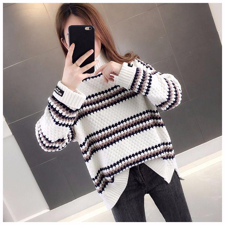 Pofulove Women stripe Turtleneck sweater pullover winter pleuche sweater Knit Long Sleeve jumper