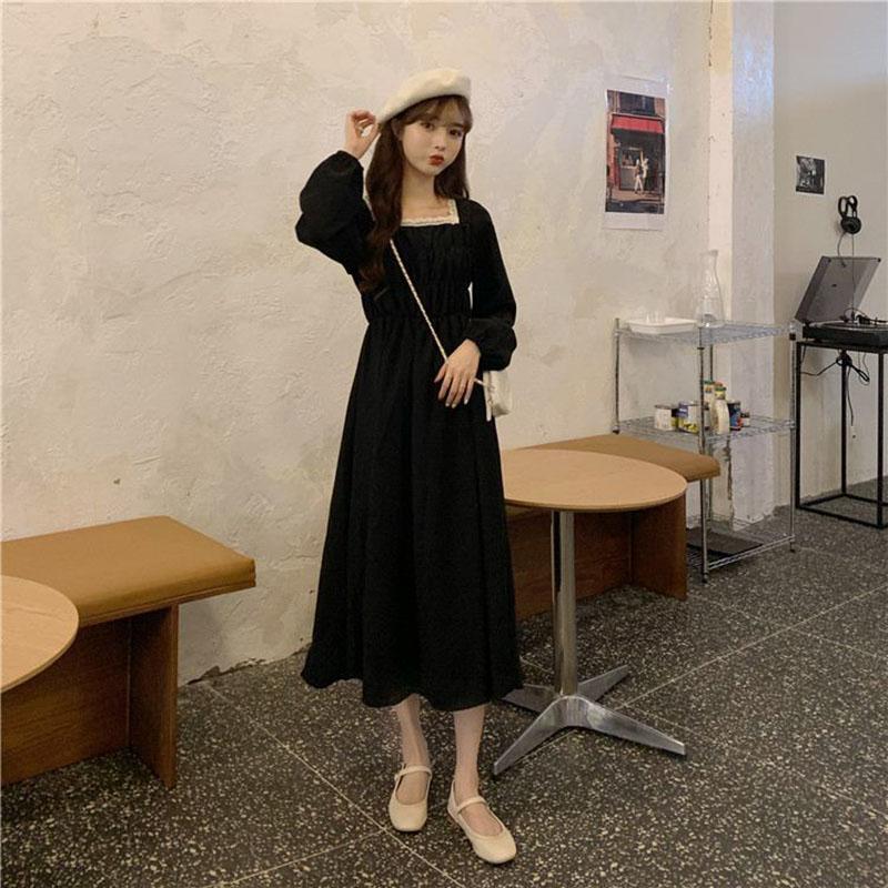 Spring and Autumn Korean Version of French Temperament Square Collar Lace Folds Waist Dress Students