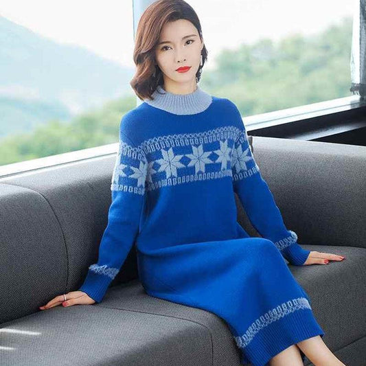 Autumn Winter Long Sweater Dress Women Vintage Print Knit Dress Loose Outer Wear Bottoming Pullover Sweater Dress