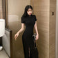 Female Vintage High Waist Black Holiday Dress Elegant Slim Stitching Split Lace Party Dress