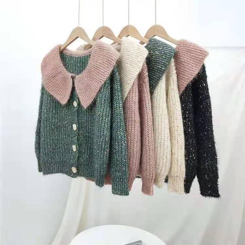 Short Doll Collar Sweater Cardigan Women's Spring and Autumn Sweet and Loose Student Sweater Coat Thickening