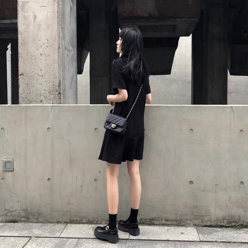 Black Dress Women's Cool Girl Summer Dress Short Sleeve Turn-down Collar Knee-length Daily Wear Office Dating Party