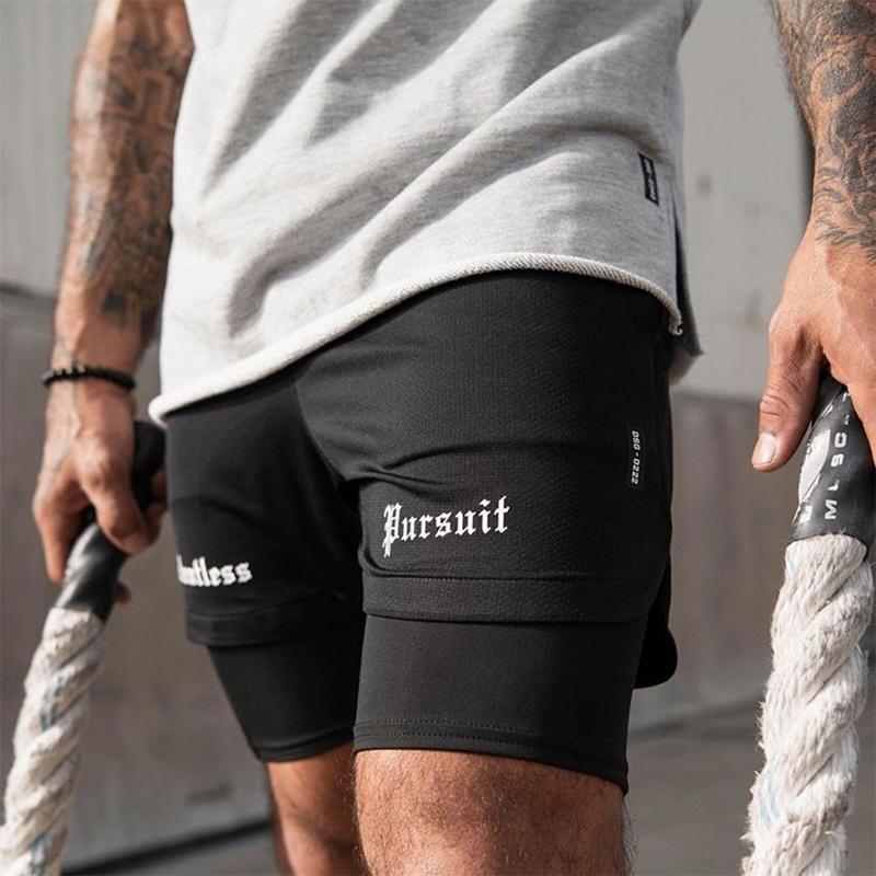 Summer Double-layer Shorts Men's Sports Fitness Running Lace-up Basketball Pants Quick-drying Training Three-point Pants