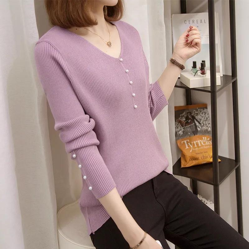Sweater Women's Pullover Knitwear Korean Version Solid Color Fluffy Button V-neck Trending Sweater Autumn Winter Purple Sweater