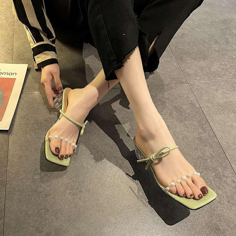 Crystal Heel Slippers Women's Summer Wear Fashion 2 Thick Heel Transparent Sandals
