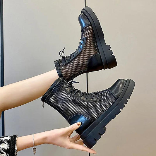 Women's Soft Leather Mesh Martin Boots Summer Sandals All-match Back Zipper Flat Ankle Boots