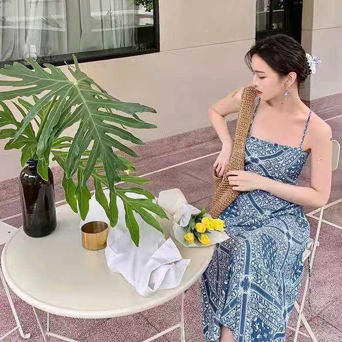 Female Vintage Slim Holiday Dress Elegant Suspender Backless Print Vacation Dress Long Casual A-line Beach Dress