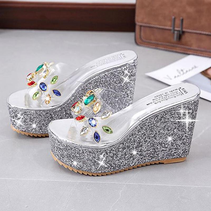 Slippers Women's Wedge Heel High-heeled Sandals  Slippers Women's Summer Super High-heeled Rhinestone Sequins Transparent Platform Slippers