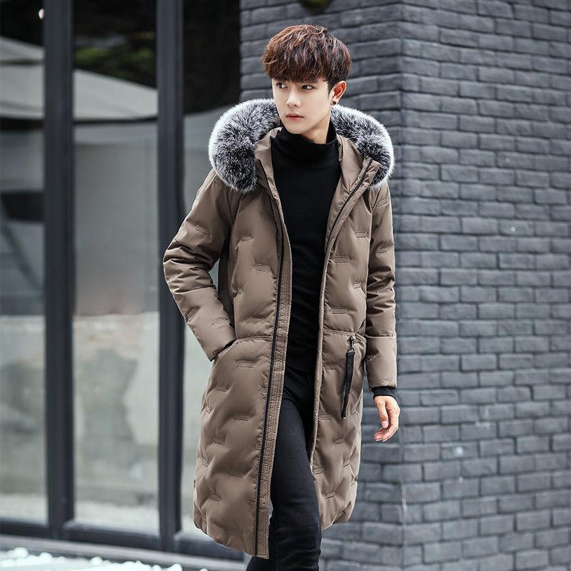 Down Jacket Men's Mid-length Winter Thick Hooded White Duck Down To Keep Warm Korean Style Loose Casual Fashion Big Fur Collar Down Jacket Trend