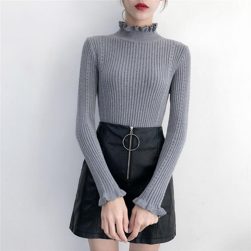 Sweater Women's Half Turtleneck Ruffled Pullover Slim-fit Knitwear Korean Solid Color Top Trending Sweater Autumn and Winter