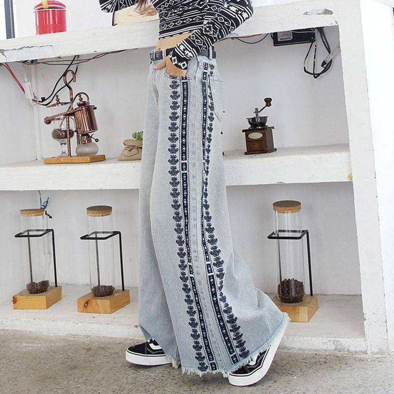 Autumn Embroidered Wide-leg Jeans Girls Plus Size Embroidered Trousers Loose High Waist Wide-leg Thigh Pants